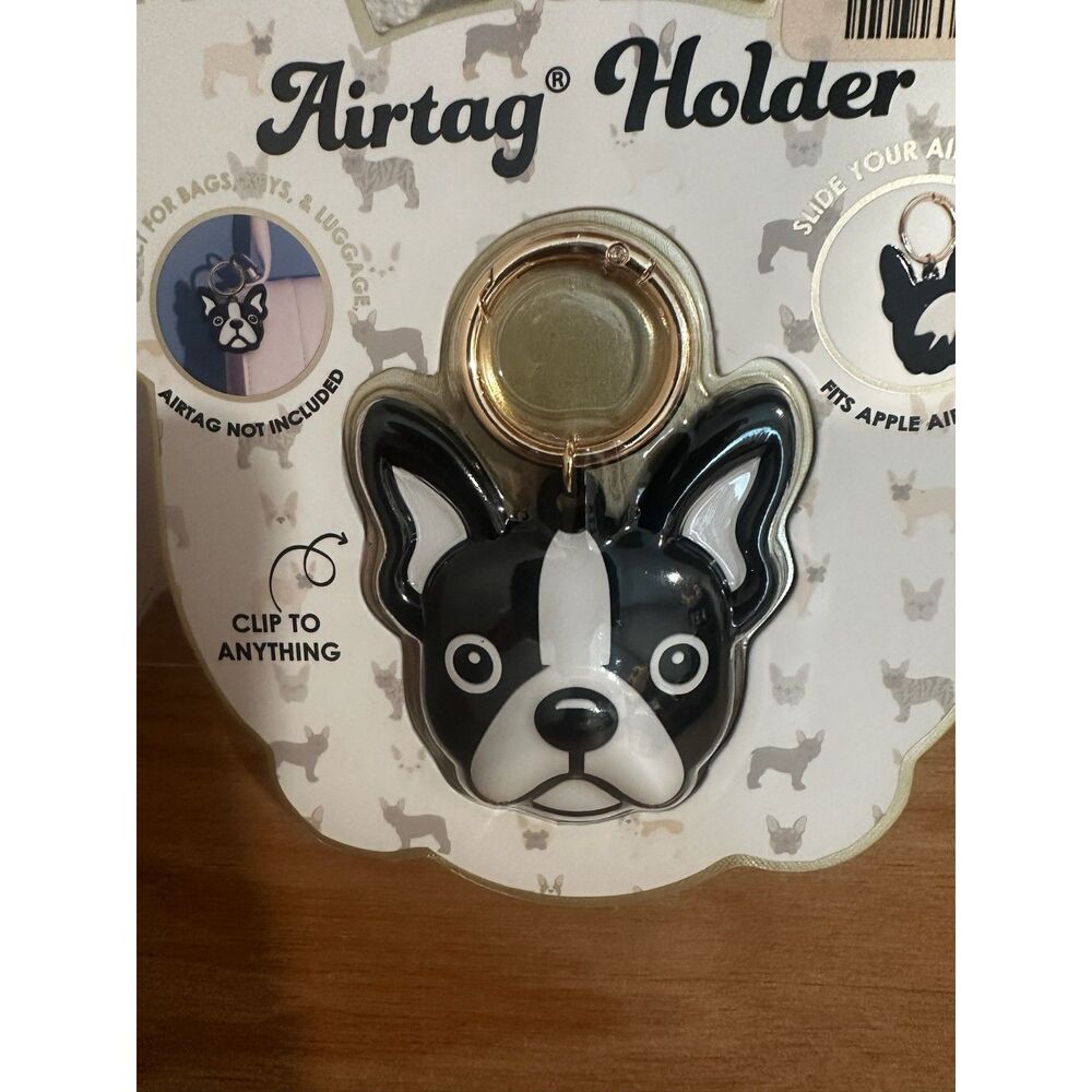 XO Poppy Dog AirTag Holder Keychain French Bulldog Clip Case Black White New - Picture 3 of 3